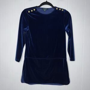 Lauren Ralph Lauren Women’s Blue Velvet Tunic Top Gold Buttons Size XS
